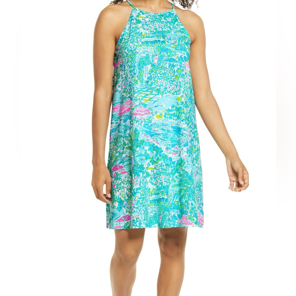Lilly Pulitzer Aqua & Pink Tropical Print Halter Dress